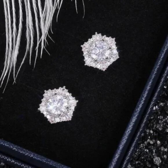 DIAMOND 925 STERLING SILVER HEXAGON EARRINGS, BEAUTIFUL EARRINGS, CUTE EARRINGS - Picture 4 of 5